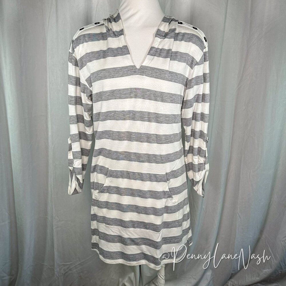Sandiva Striped Pullover Terry Tunic Hoodie Gray/White